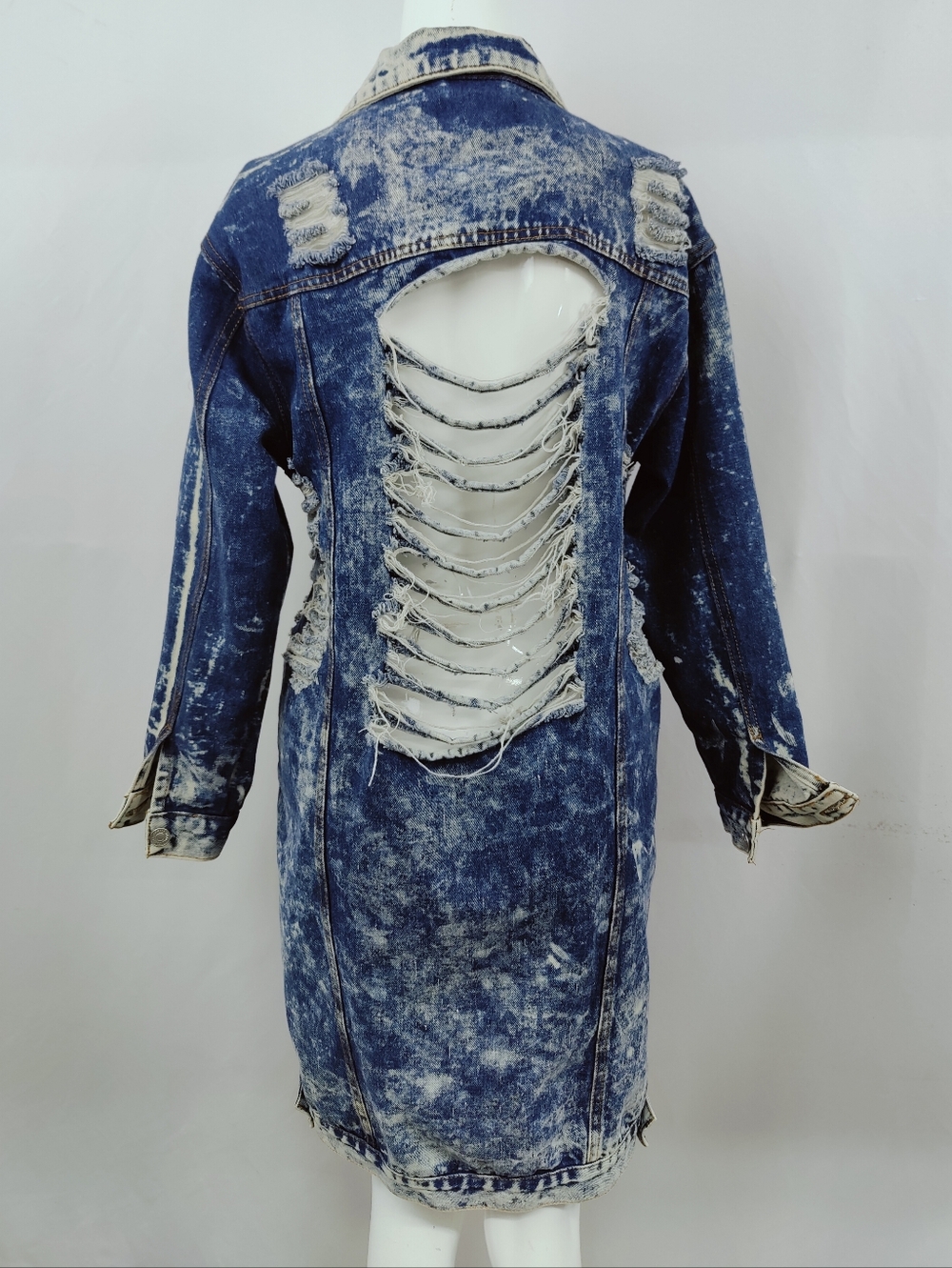 Thrill Destroyed Distressed Acid Wash Long Jean Jacket, Sz S